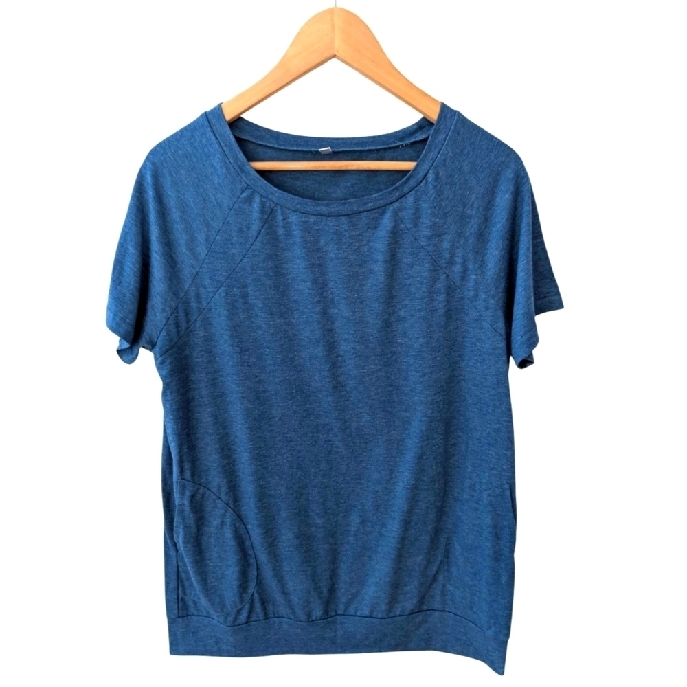 Women's Blue Short Sleeve Top With Pockets Casual Cotton Size L